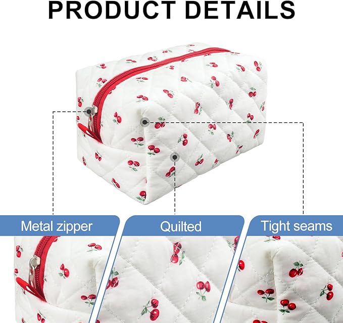 Quilted Makeup Bag,Small Travel Floral Cosmetic Bag Cute Pouch,Cotton Makeup Brushes Storage Bag for Women