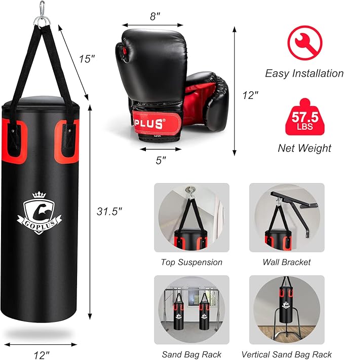 Goplus Punching Bag for Adults, 56 lbs Heavy Hanging Boxing Bag Set with 12 OZ Punching Gloves & Hand Wraps, Filled Kickboxing Bag Perfect for MMA, Muay Thai, Karate, Taekwondo Home Gym Training