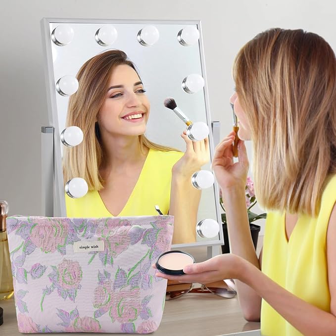 Flower Makeup Bag Travel Large Cosmetic Bag for Women Cute Rose Makeup Pouch Zipper Cosmetic Pouch for Purse Aesthetic Pink Floral Make up Organizer Bag Portable Toiletry Bag