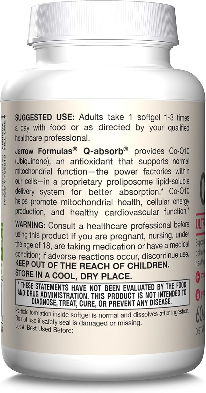 Jarrow Formulas Q-absorb Co-Q10 100 mg, Dietary Supplement, Antioxidant Support for Mitochondrial Health, Cellular Energy Production and Cardiovascular Health, 60 Softgels, 60 Day Supply