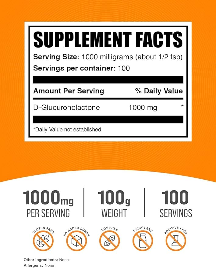 BulkSupplements.com Glucuronolactone Powder - as D-Glucuronolactone, for Energy Support, Glucuronolactone Supplement - Pure & Gluten Free, 1000mg per Serving, 100g (3.5 oz) (Pack of 1)