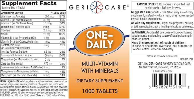 GeriCare One-Daily Multi-Vitamin & Minerals, Dietary Supplement Tablets (1000 Count (Pack of 1))