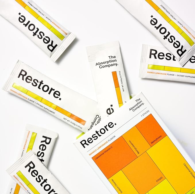Electrolyte Powder Packets - Workout Recovery & Hydration Drink Mix with Liposomal Glutathione, Vitamin C & Methylated B Vitamins - Mango Lemonade (7 Sticks)