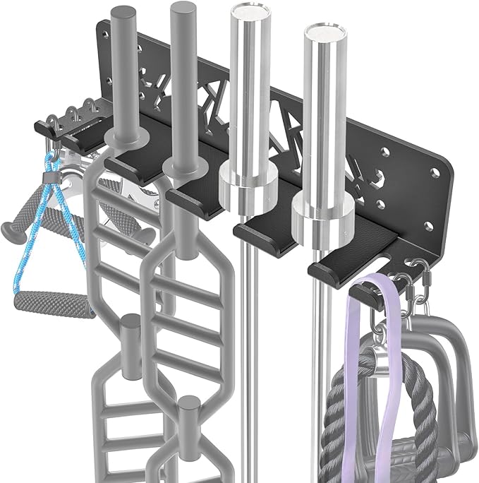 Kipika Versatile Wall Mounted Barbell Holder with Hooks Storage Rack for Barbell Bars Holds Under 33mm Bar Size and Fitness Accessories Space-Efficient Gym Organization for Home & Commercial Use
