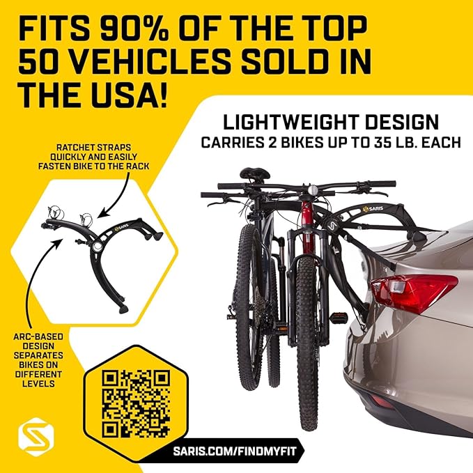 Saris Bones EX 2-Bike Trunk Rack Bicycle Carrier, Durable, Rust-Free, Anti-Sway Straps, Made in USA, Arc-Based Design, 100% Recyclable Materials