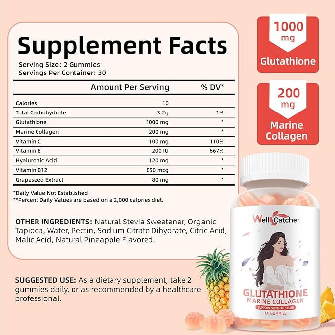 Glutathione Gummies for Skin Whitening - Glutathione 1000mg Supplement with Collagen Vitamin C for Women Sugar-Free with Antioxidant Skin Anti-Aging Immunity Liver Support Pineapple Flavor 60ct