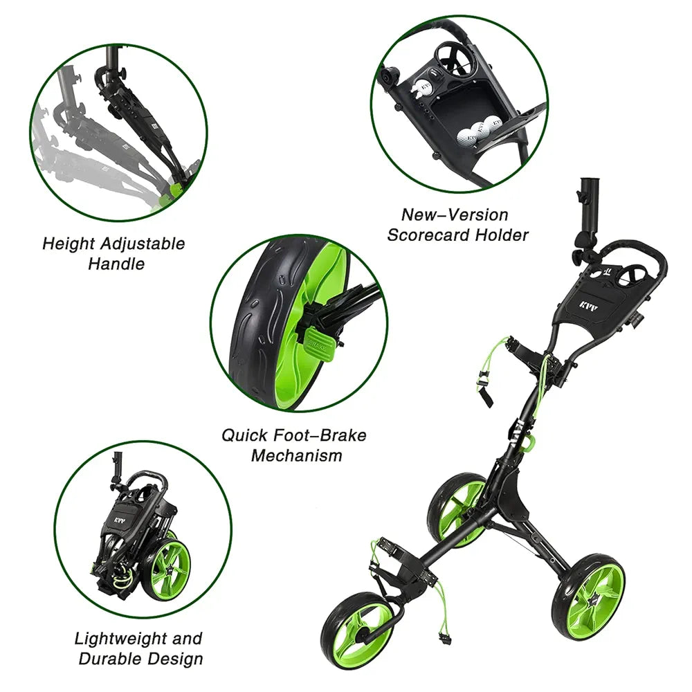 KVV 3 Wheel Golf Push Cart Ultra Lightweight Smallest Folding Size, New-Version Scorecard Holder