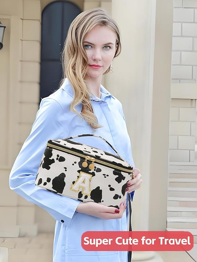 KITENROM Initial Makeup Bag Monogram Travel Pouch Extral Large Cosmetic Bag Cute Cow Print Personalized Makeup Organizer Toilitery Case for Women with Removable Divider Letter A