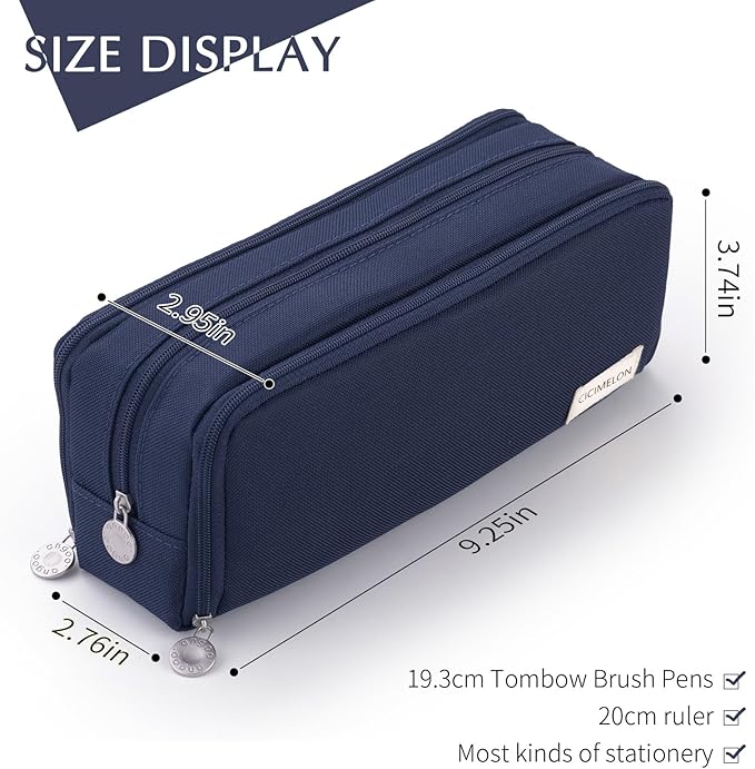 CICIMELON Large Capacity Pencil Case 3 Compartment Pouch Pen Bag for School Teen Girl Boy Men Women (Navy)