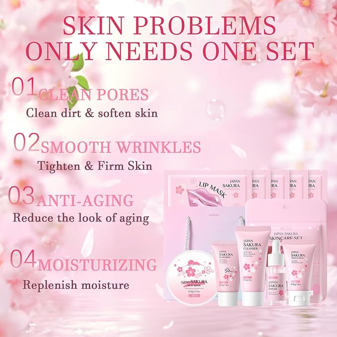 Skincare Set Sakura Women Skincare Gifts for Teen Girls - Travel Essentials for Women - Skin Care Set with Makeup Remover,Face Wash,Moisturizer,Face Mask - Face Care Set for Women (10PCS, Sakura)