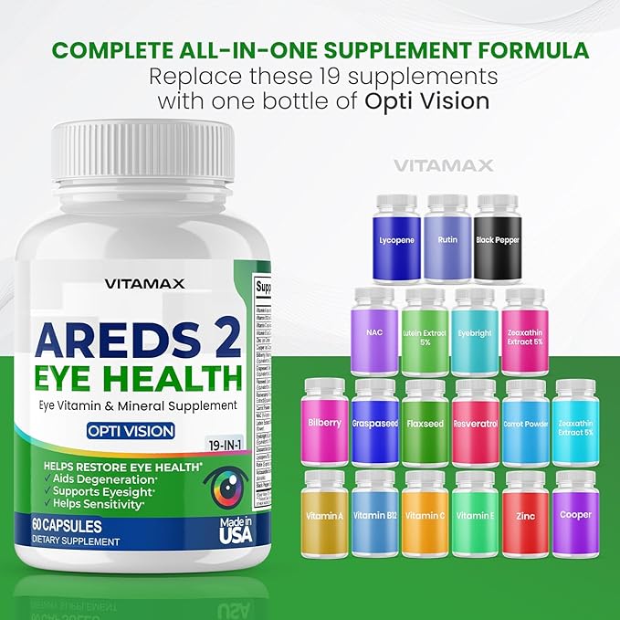 AREDS 2 Eye Vitamins - Lutein, Zeaxanthin, Bilberry, Astaxanthin Mineral Vision Supplement - Supports Eye Strain, Dry Eyes, Pressure, and Vision Health - Made in USA (60ct (Pack of 1))