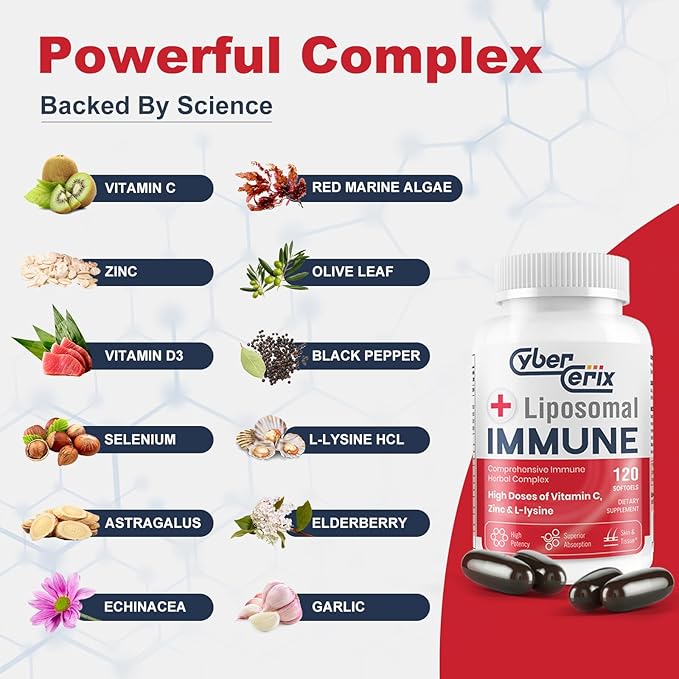 Advanced Liposomal Immune Supplement, Complex with L-Lysine 1,500mg, Vitamins, Minerals & Herbal Extracts, Comprehensive Daily Wellness Blend for Men & Women - 120 Capsules