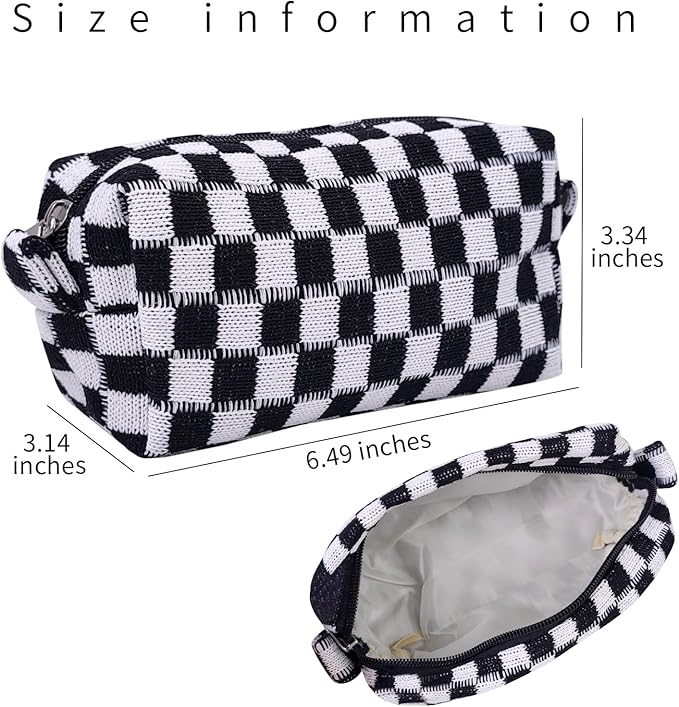 Small Cute Checkered Makeup Bag - Portable Cosmetic Pouch with Zipper, Travel Toiletry Bag, Purse Organizer, Beauty Storage, Black