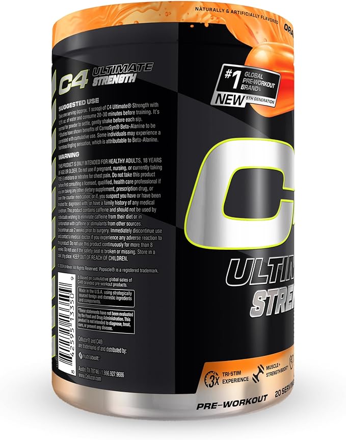 Cellucor C4 Ultimate Strength Pre Workout Powder - Tri-Stim Experience 300mg Caffeine+TeaCrine+Dynamine - Creatine & Beta-Alanine - Energy Supplement for Men & Women - Orange Popsicle, 20 Servings