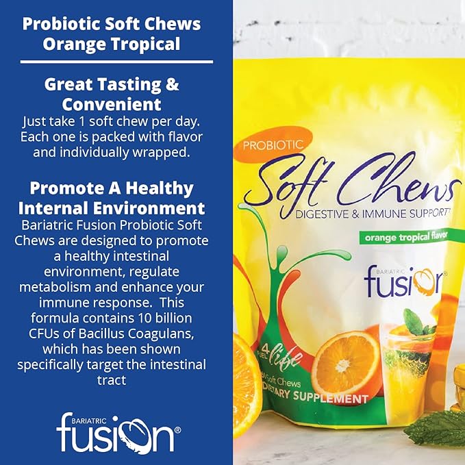 Bariatric Fusion Bariatric Probiotic Soft Chews | Orange Tropical Flavor Chewy Bariatric Vitamin | Bacillus Coagulans 10 Billion CFU Chewable Probiotic | Support Digestive & Immune Health | 60 Count