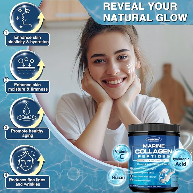 ZEBORA Marine Collagen Peptides Powder with Hyaluronic Acid, Keratin - Wild Caught Hydrolyzed Fish Collagen with Multivitamins - Support Skin Hair Nail Joints, Keto Friendly, 35 Servings