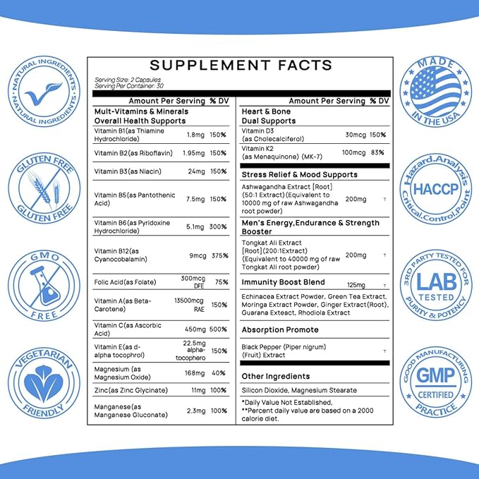 Ashwagandha 10000mg Tongkat Ali 40000mg Supplement with Multivitamin D3 K2 - Men's Health & Stress, Mood, Energy, Endurance Support - Ashwagandha Capsules Tongkat Ali for Men USA - 60 Count