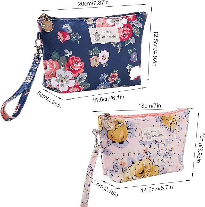 Qikuver Canvas Cosmetic Bags, 2 Pieces Cosmetic Bags for Women, Makeup bag Cute Cosmetic Bag Organizer Small Mini Makeup Pouch for Purse Toiletry Bag