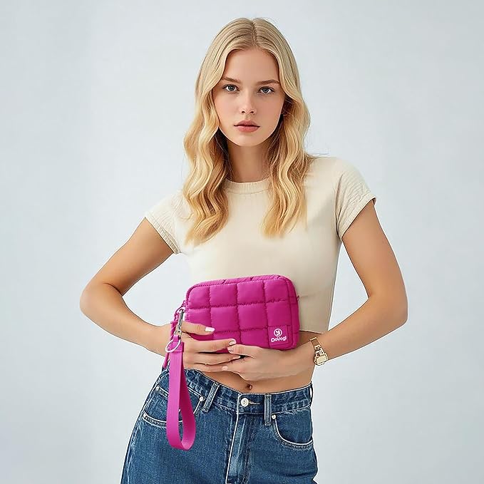 Quilted Cosmetic Bag, Puffer Makeup Bags, Crossbody Purses for women,Cute Travel Toiletry Bag for Women (Rose Red)