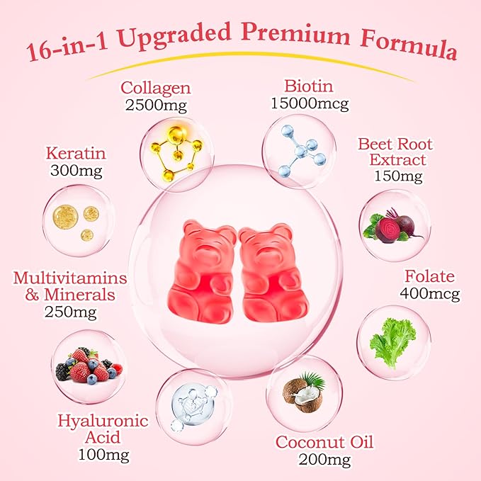 Collagen Gummies for Women Men, 2500mg Protein Type I,II,III,V,X with 15000mcg Biotin Keratin Vitamin C A B6 B12 D E for Skin Hair Nails Joints Immunity Energy Digestion 60 Strawberry Flavored Gummies