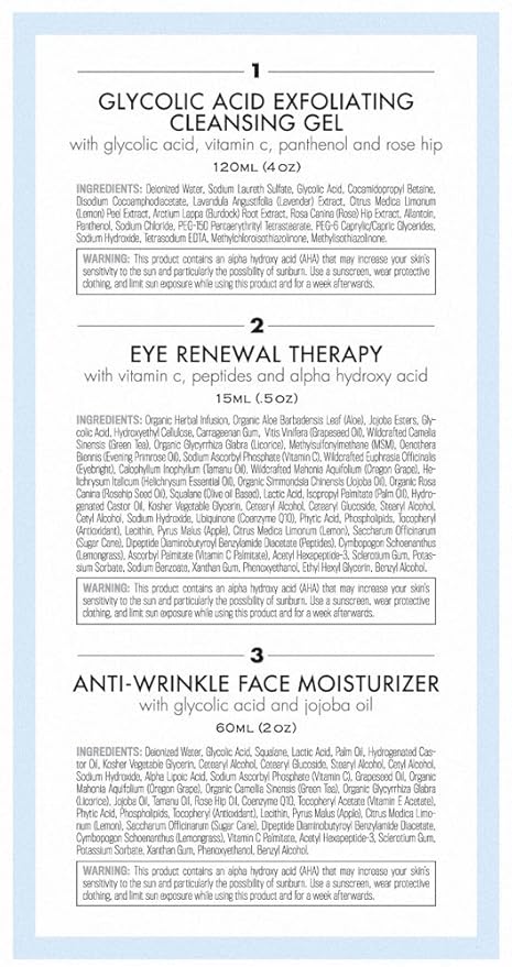 Anti Aging Skin Care Kits for Her or Him Glycolic Acid Face Cleanser/Alpha Hydroxy Face Wash, Glycolic Acid 10% Daily Moisturizer & Eye Cream for Dark Circles. Skincare Set Kit for Women & Men