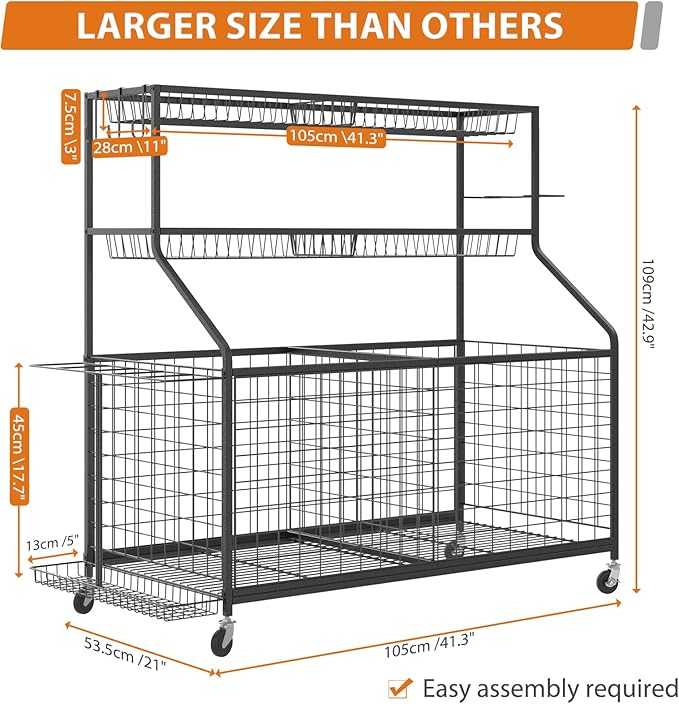 Gadroad Sports Equipment Organizer, Ball Rack, Gear & Ball Storage - Garage Organizer with Baskets, Hooks & Rolling Cart - Black