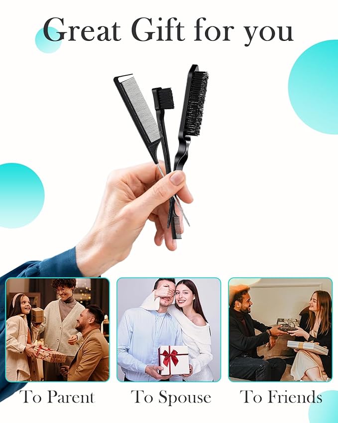 Hair Styling Brush Set - Slick Back Comb, Edge Control Brush, Rat Tail Comb for Smooth Styling, Frizz Taming, and Parting (3 Pieces)