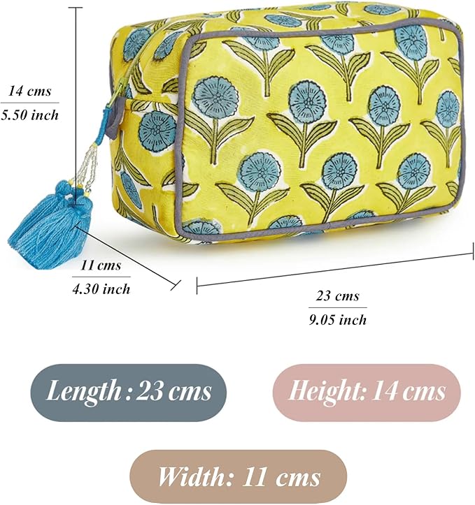 Travel Makeup Bag- Large Capacity Cosmetic Bags for Women - Water Resistance Lining Portable Pouch & Open Toiletry Bag - Perfect Girls Makeup Organizer for Travel Essentials (Blue & Yellow Floral)
