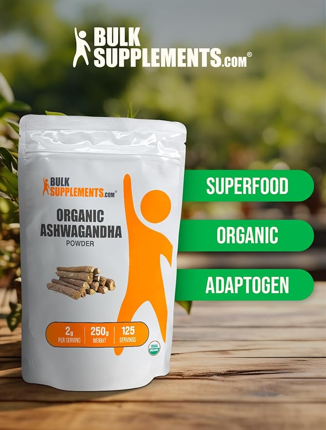 BulkSupplements.com Organic Ashwagandha Powder - Organic Ashwagandha Supplements, Sourced from Ashwagandha Root - Gluten Free, 2g per Serving, 250g (8.8 oz) (Pack of 1)