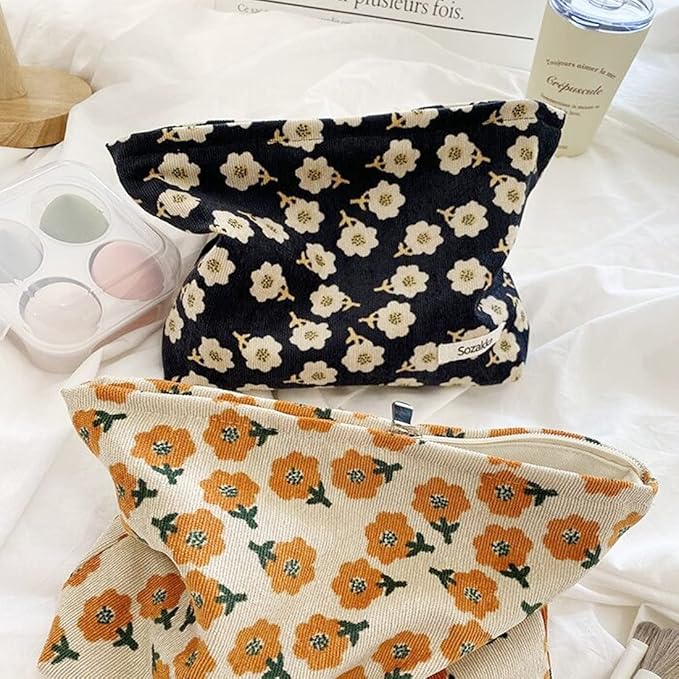 Cosmetic Bags for Women Makeup Bag Large Capacity Purse Travel Toiletry Zipper Storage Pouch Make up Brushes Organizer for Gifts (Black, Flower)