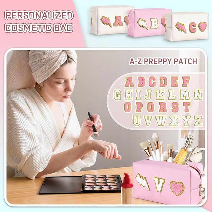 TOPEAST Personalized Makeup Bag, Cute Stuff for Teen Girls, PU Leather Waterproof Toiletry Bag Skincare Bag, Preppy Travel Stuff for Girls, Pink O