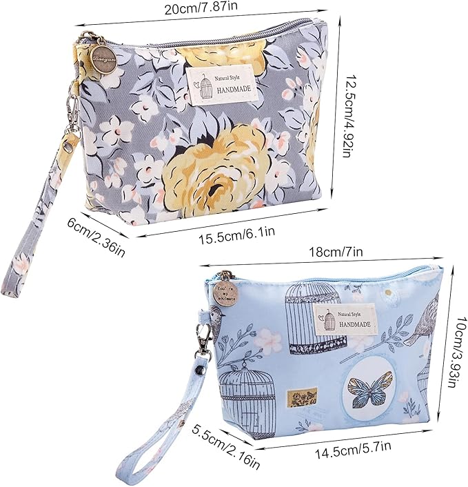 Qikuver Canvas Cosmetic Bags, 2 Pieces Cosmetic Bags for Women, Makeup bag Cute Cosmetic Bag Organizer Small Mini Makeup Pouch for Purse Toiletry Bag