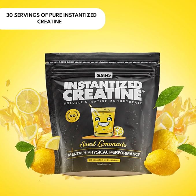 Gains in Bulk Instantized Creatine Monohydrate Powder - Pre Workout Supplement, Support Muscle Endurance, High Energy and Cognitive Function, 100% Soluble, No Bloating (30 Servings, Sweet Lemonade)