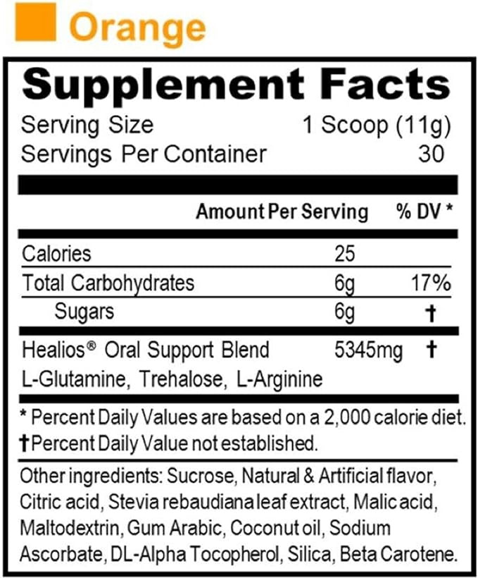 HEALIOS Orange Flavor Oral Health and Dietary Supplement, Powder Form, Naturally Sourced L-Glutamine Trehalose L-Arginine, 11.64 Ounces