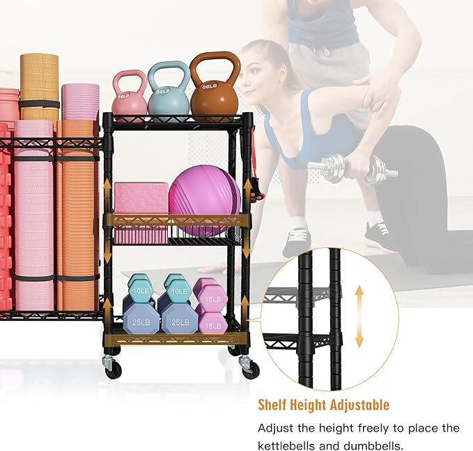 Home Gym Storage, 3 Tiers Workout Equipment Organizer with Wheels for Yoga Mats, Foam Roller, Dumbbells, Kettlebells, and Resistance Bands