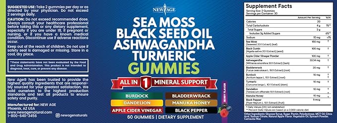 NEW AGE Sea Moss Gummies, Sea Moss, Black Seed, Ashwagandha, Turmeric, Manuka Honey, ACV, Dandelion, Black Pepper, Burdock, Bladderwrack, Vegan - 120 Count