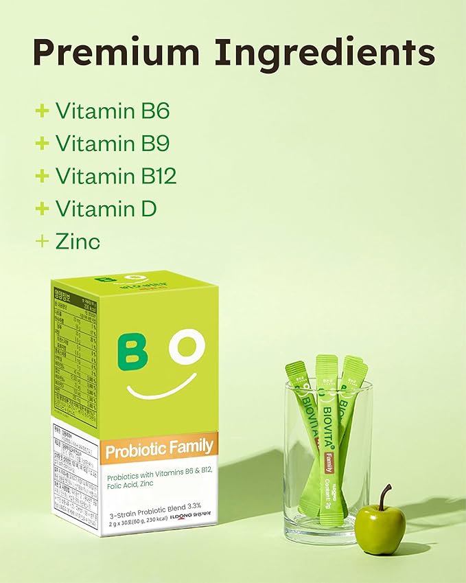 Family Probiotics Powder (30 Sticks, 30 Days) - Support Healthy Immune & Digestive System, Apple Flavor Supplement for Men, Women & Children. Vitamin B, Zinc. Mouth-Dissolving Formula.