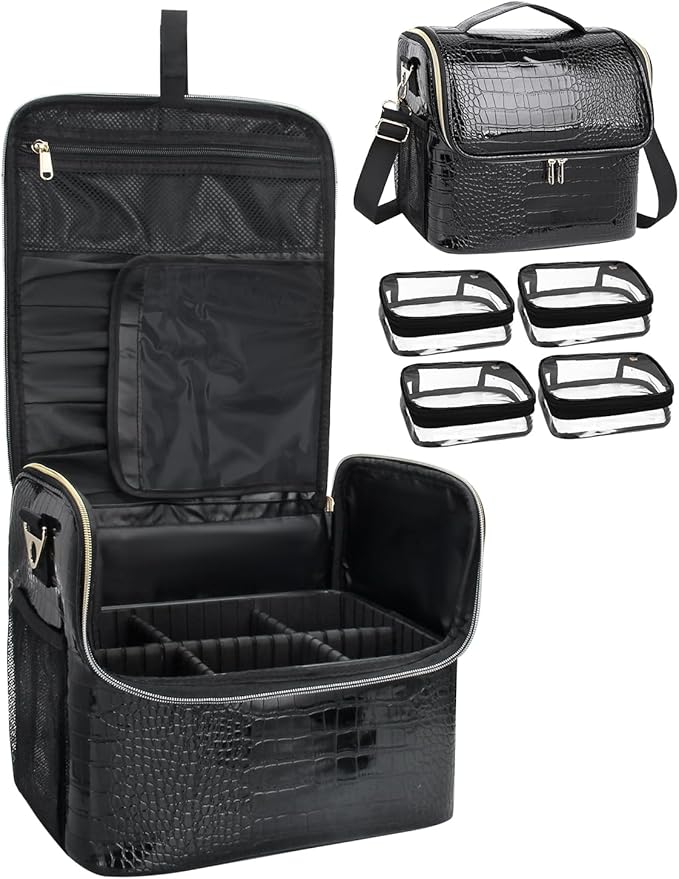 Travel Makeup Bag, Tattoo Case with 4 Inner Removable Pouches, Professional Makeup Artist Bag Travel Organizer Box with Adjustable Dividers (Medium, Black)