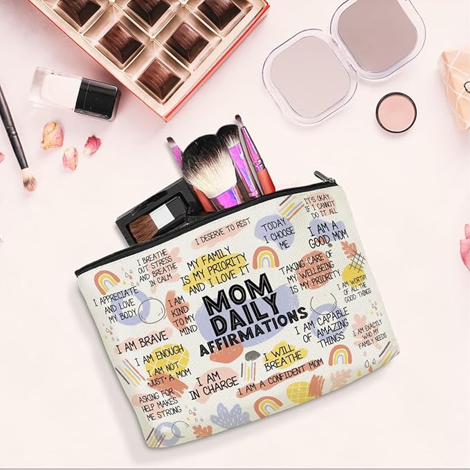 Daily Affirmations for Women Makeup Bag Mom Gifts Mom Stuff Mental Health Gifts Inspirational Gifts for Women Mother Mama Mommy Gifts for Mom from Daughter Son Birthday Mothers Day Travel Toiletry Bag