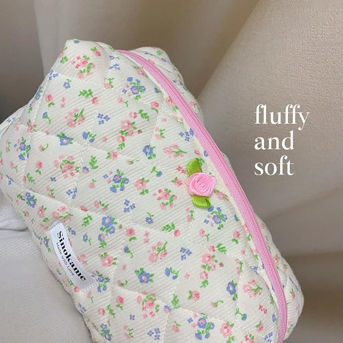 Quilted Coquette Travel Makeup Bag, Large Capacity Puffy Cotton Cosmetic Bag Toiletry Organizer for Women Reusable Washable Aesthetic Floral Pouches Handmade,Floralwhisper
