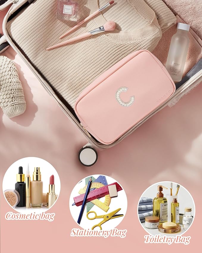 Vlando Initial Makup Pouch Birthday Gifts for Teen Personalized Toiletry Bag w Zipper, Graduation Gifts Mothers Day Gifts Makeup Bag for Purse Preppy Stuff for Girls Letter C