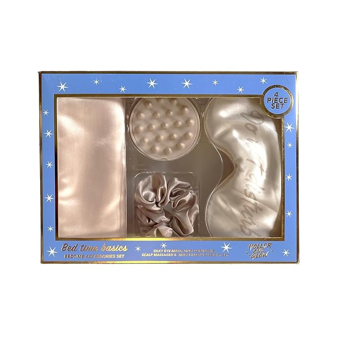 Holler & Glow Bedtime Basics Accessories Set, Limited Edition, Sleep Eye Mask, Silk Scrunchie, Hair Growth Scalp Massager, Satin Pillowcase, Beauty Sleep For Women & Mother’s, 4 Piece Gift Set