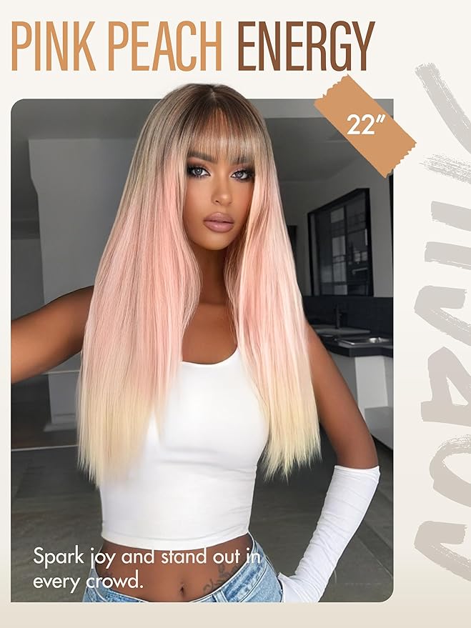 GORGIUS Straight Glueless Wig with Bangs Ombre Peach Pink Layered Hair Ready-to-Go Synthetic Bang Wigs with Realistic Scalp 24 Inch