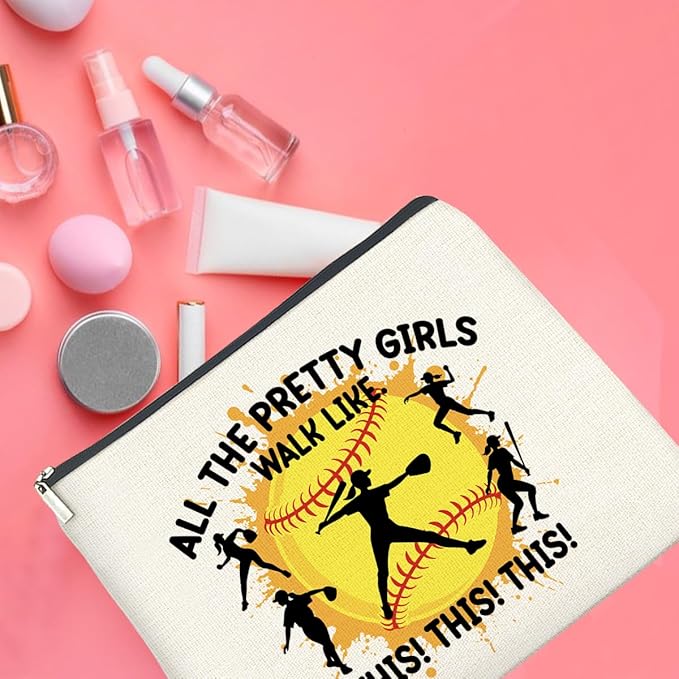 Softball Gifts for Girls Women - Makeup Bag, Player Gift - All the Pretty Girls Walk Like This - Cosmetic Bag Zipper Makeup Pouch