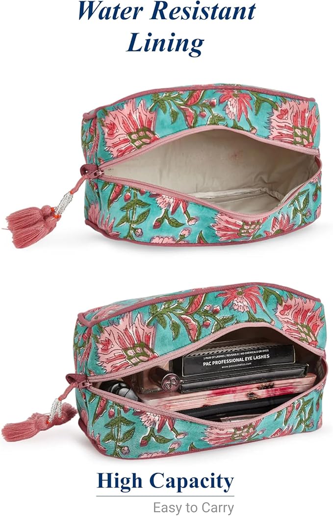 Travel Makeup Bag- Large Capacity Cosmetic Bags for Women - Water Resistance Lining Portable Pouch & Open Toiletry Bag - Perfect Girls Makeup Organizer for Travel Essentials (Green & Pink Floral)