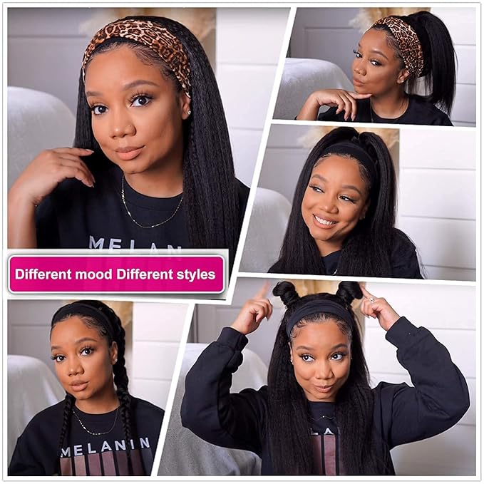 Headband Wigs Human Hair 180% Density 12A Kinky Straight Human Hair Headband Wigs For Black Women Yaki Straight Human Hair Wigs With Headband Attached Half Wig Natural Black Color 26 Inch