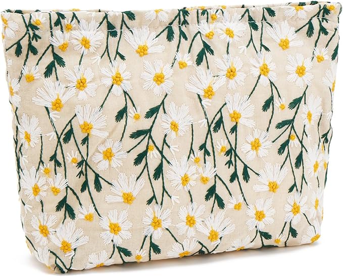 WOZEAH Floral Makeup Bag for Purse Small Cosmetic Pouch,Stylish Zipper Make up Pouch Travel Canvas Toiletry Bags(Beige Daisy)