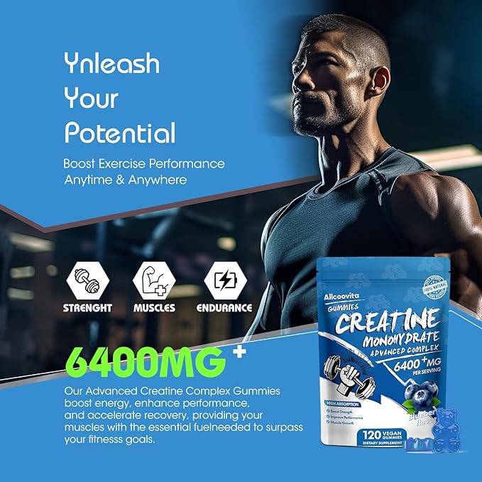 Creatine Monohydrate Gummies Complex 6400mg for Men & Women - 120 Gummies Advanced Formula, L-Taurine + Vitamin B12 for Muscle Strength, Muscle Builder, Energy Boost, Pre-Workout Supplement -Blueberry