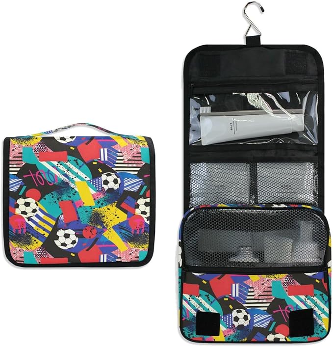 senya Hanging Travel Toiletry Bag Kit Boys Makeup Case Cosmetics Organizer for Men Women (Inspired Soccer Bright Colors)