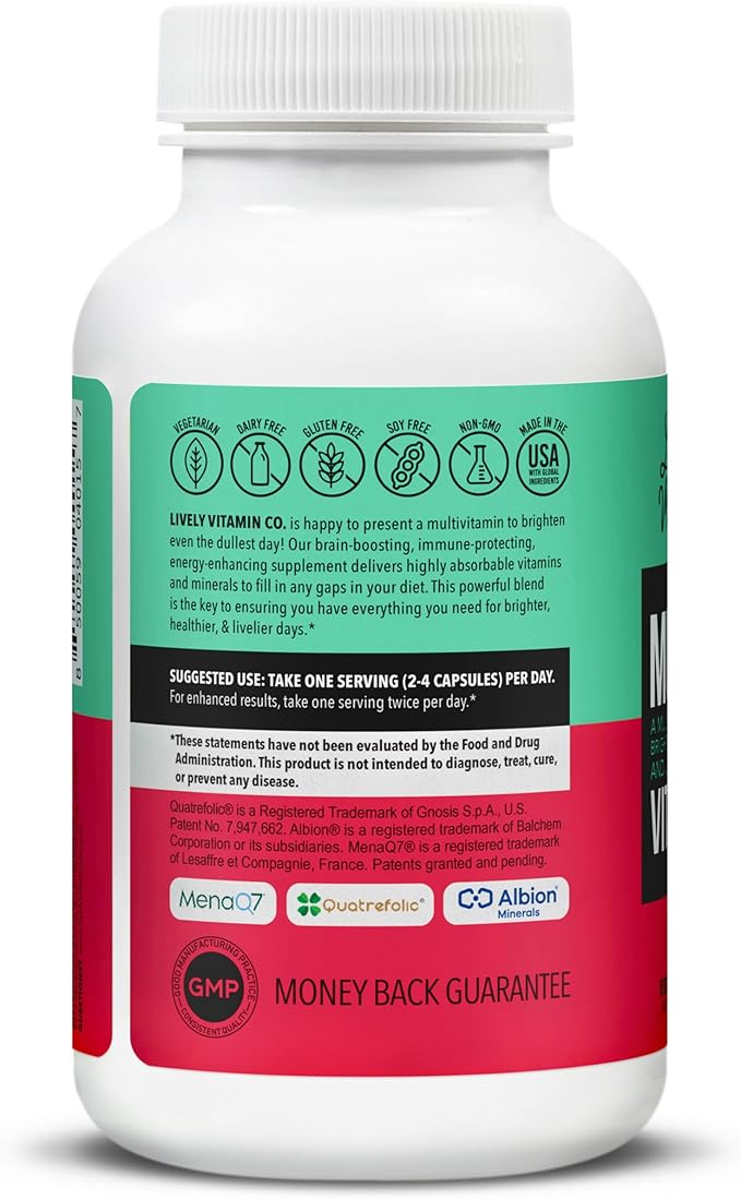 LIVELY VITAMIN CO. Multivitamin - 37 Vitamins Minerals and Extracts - Energy - Memory - Immune Function - Heart- Brain - Focus - Mood - Antioxidants - Dairy Gluten Soy Free - 60 Vegetarian Capsules